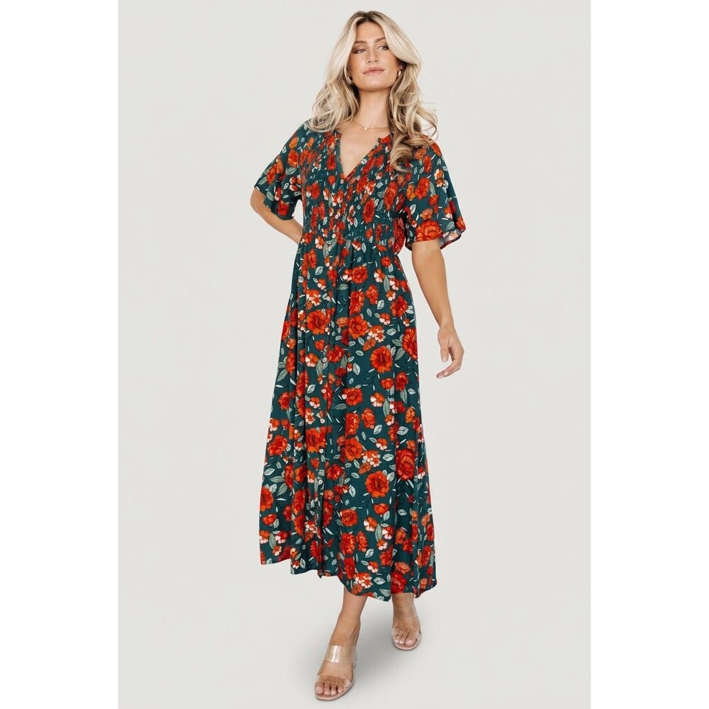 Baltic Born Botega Dress 1X Green Orange Floral Midi Smocked Cottagecore